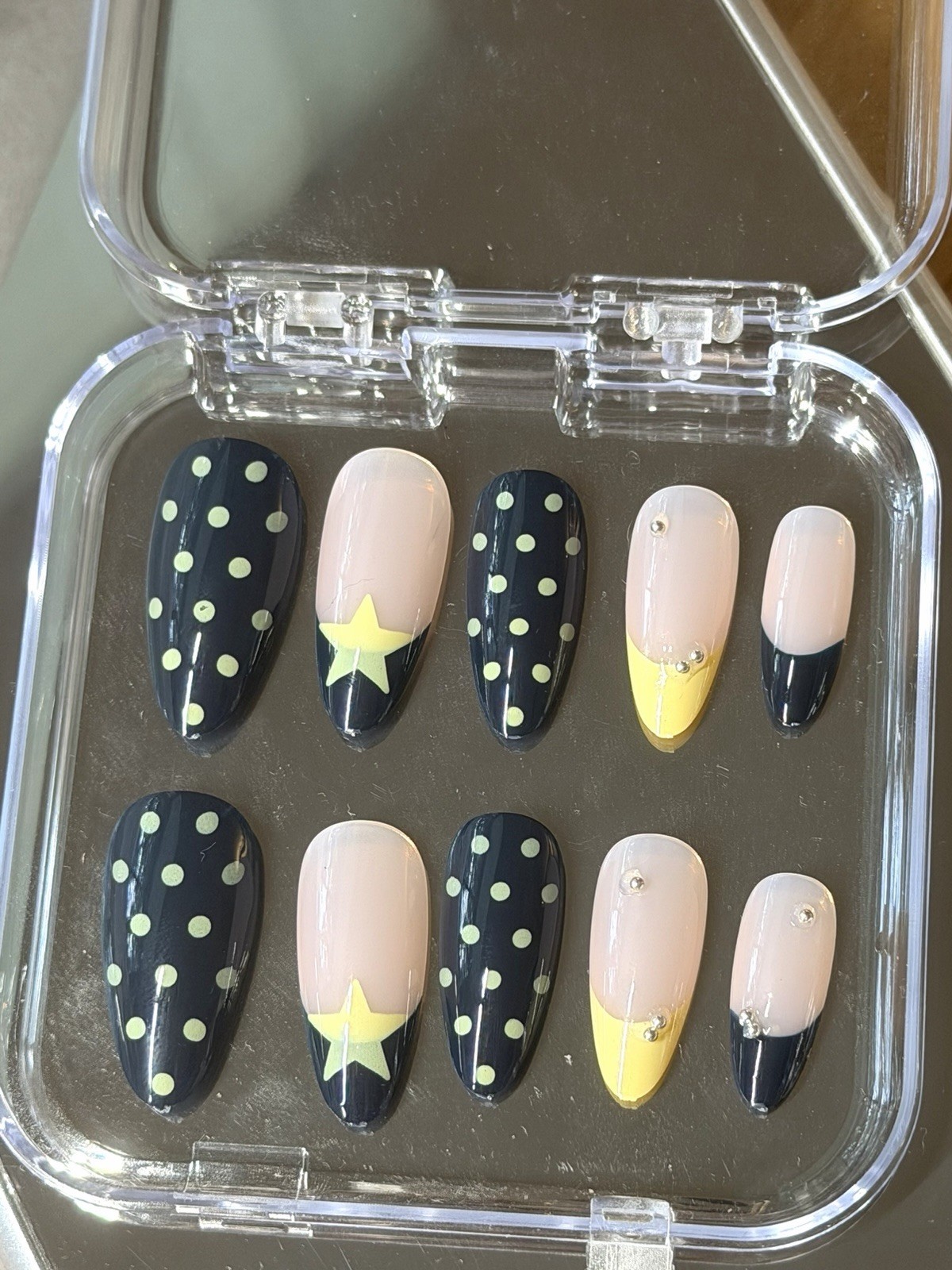 Almond Press-On Nails Black Yellow Nude French 3D Star Polka Dot Full Cover 24pc