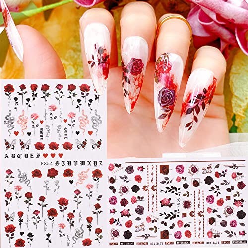 8 Sheets Flower Nail Art Stickers 3D Rose Nail Decals Self Adhesive Spring