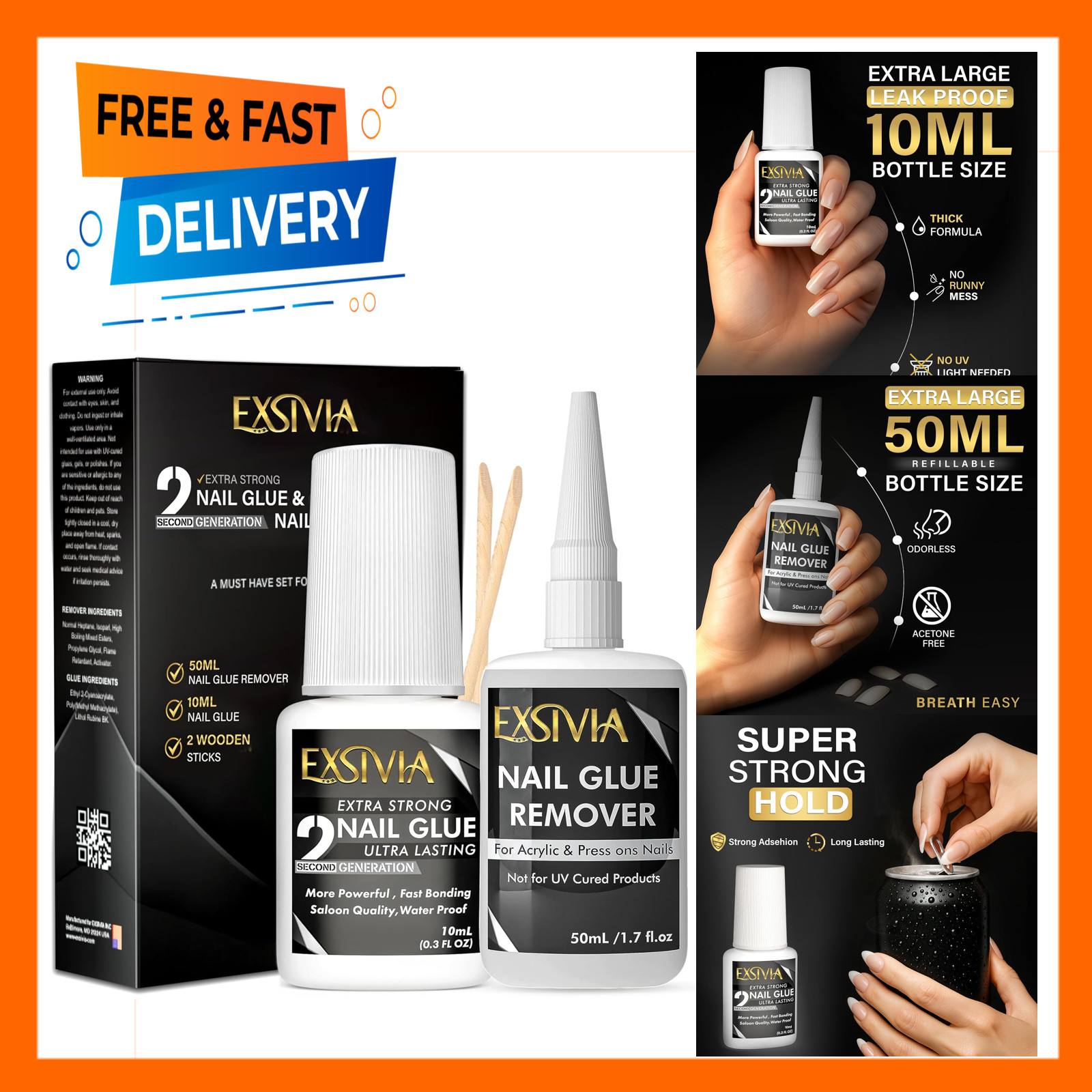 Super Strong Nail Glue 10ml with Acetone-Free Remover 50ml Press-On Kit Long