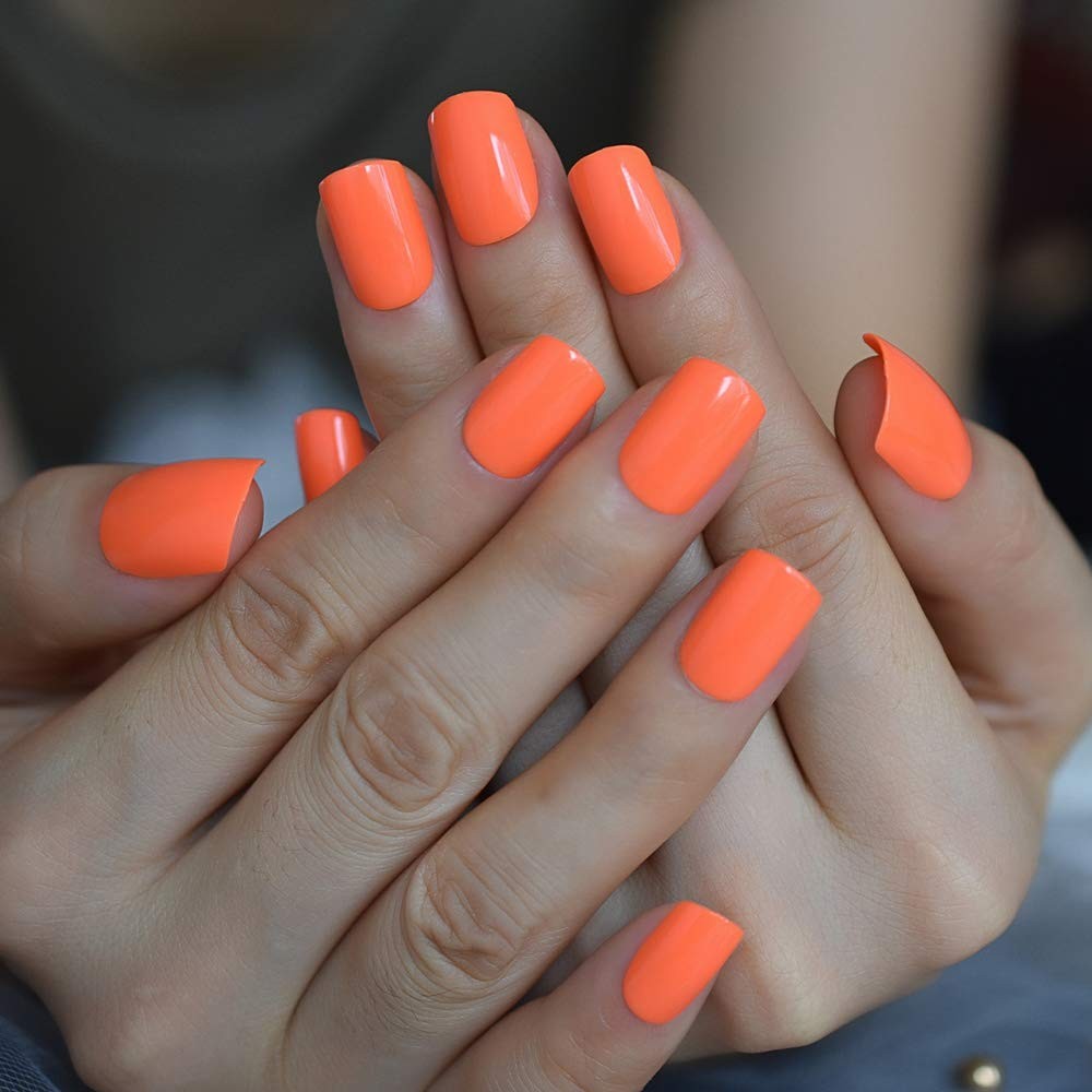 Glossy Solid Bright Orange Press On Nails Short Squoval False Women Girls Nai…
