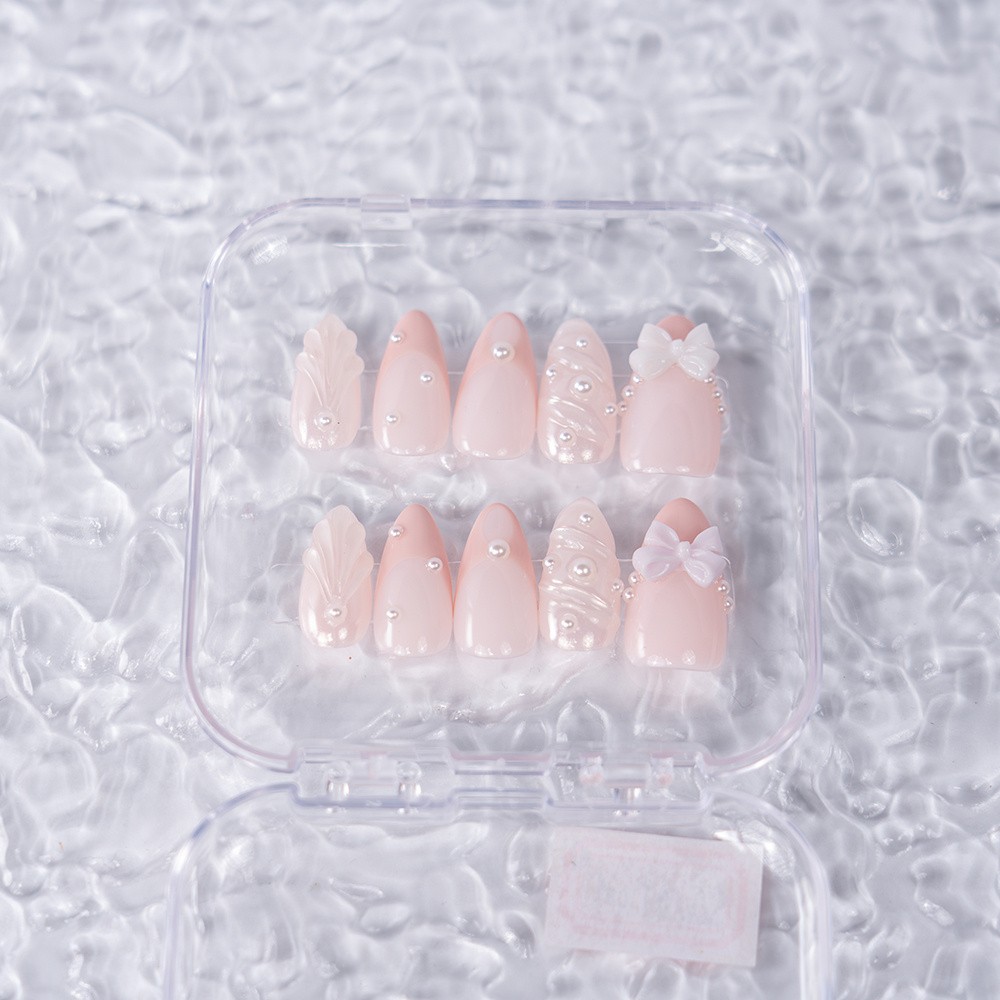 Handmade High Quality Almond Press On Nails Light Pink Pearl Bow Fake Nails S-L