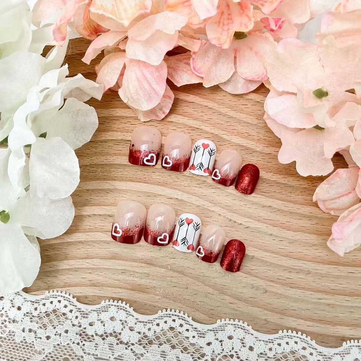 24Pcs Valentines French Tip Press on Nails Short Square Heart Fake Nails Red …