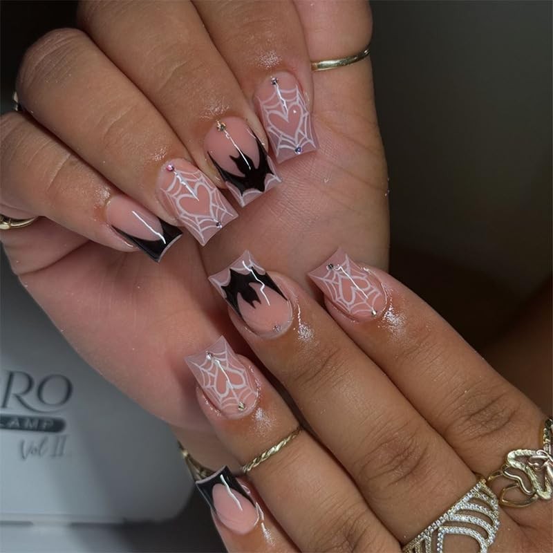 Halloween Bat French Tip Press on Nails Medium Square Black Fake Nails with S…