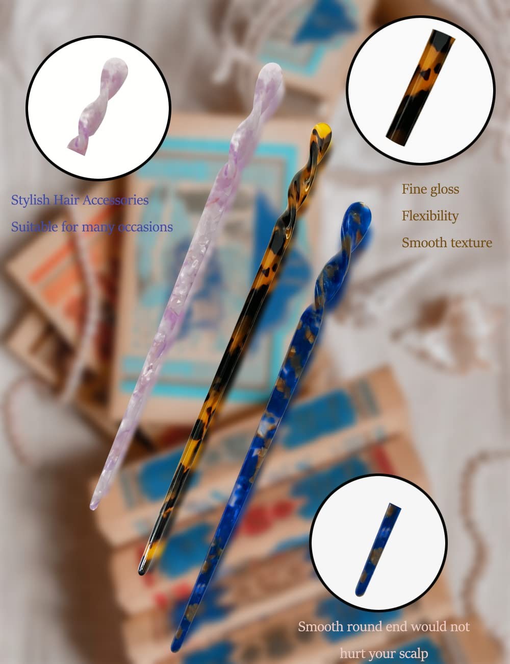 12 Pieces Acetate Hair Sticks Tortoise Shell Hairpin Leopard brown