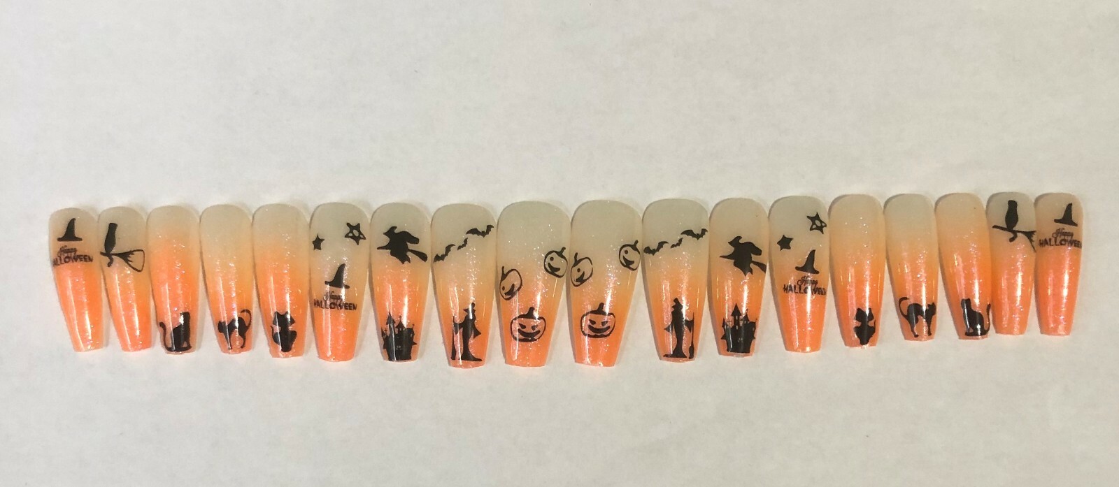Orange Sparkle- press on nail set-(Set of 18 sizes 0-8) Ex Long Ballerina