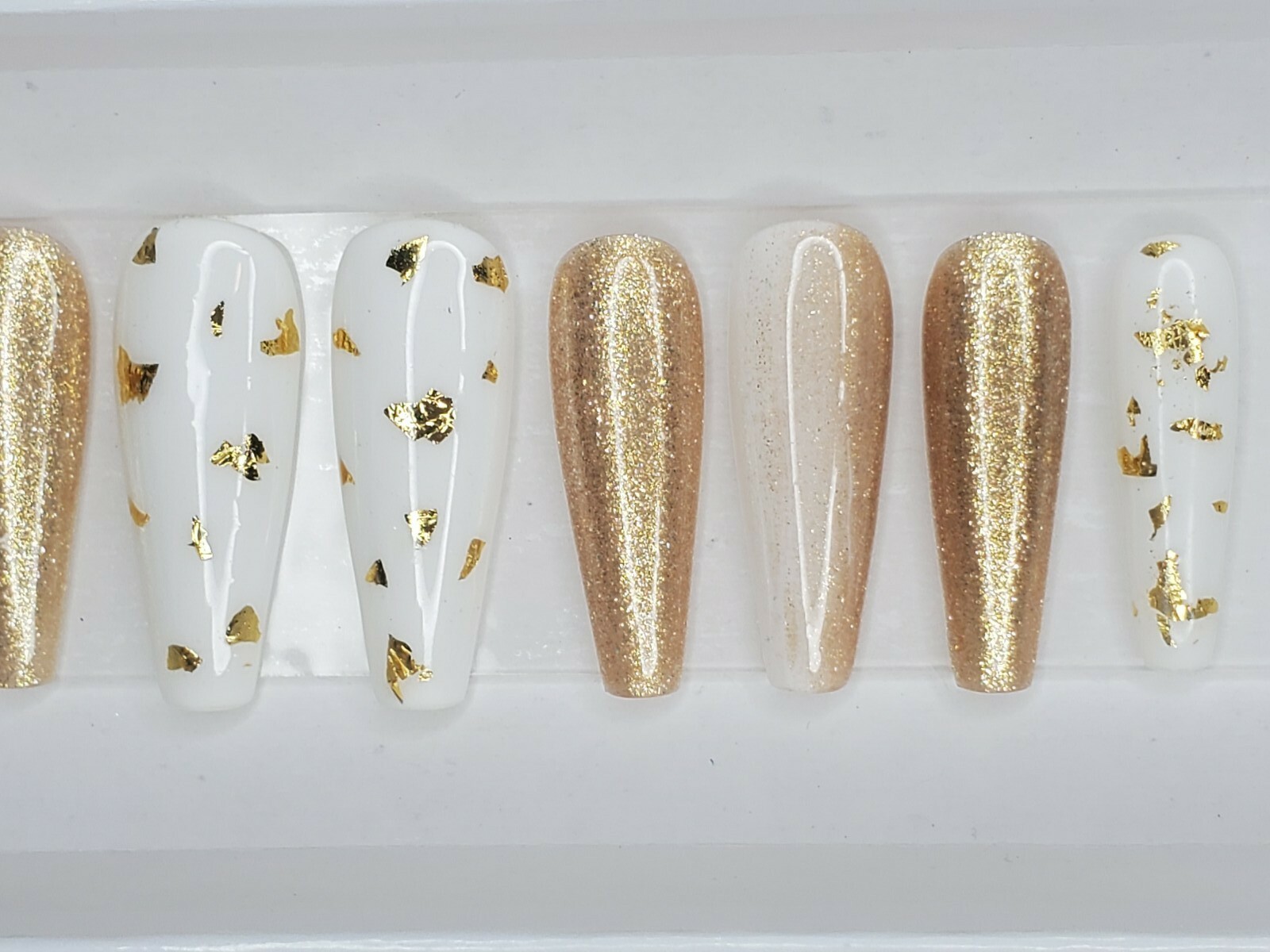 White & Gold flakes chrome metallic Bling glitter ombre press on nails long nail