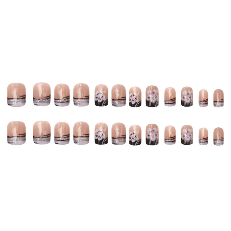 48 pieces of short square nail black and white flower French wearing nail art