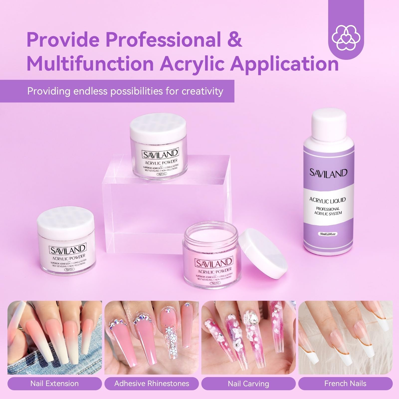 SAVILAND Acrylic Nail Kit with Drill: 15g White Pink Clear Acrylic Powder and Li
