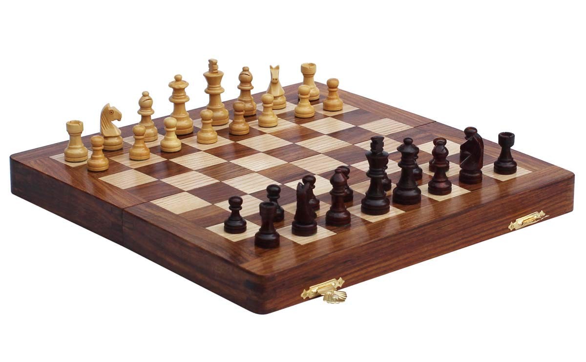 Magnetic Travel Chess Board Set – Classic Wood Staunton 7 X 7 inches, Bronze
