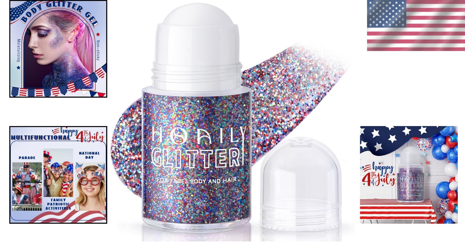Patriotic Roll-On Body Glitter Gel – Red, White & Blue for Festive Makeup