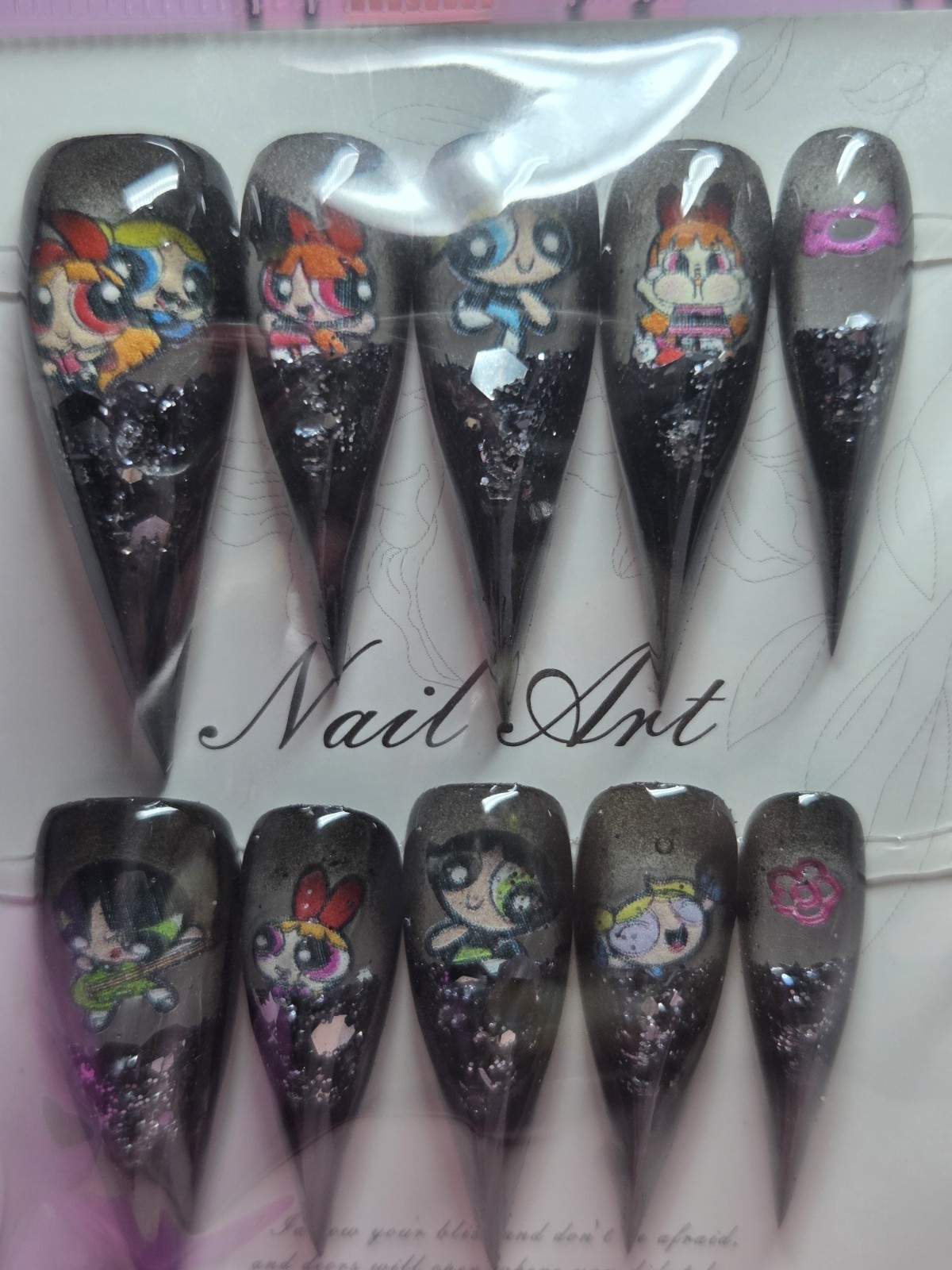 Press On Nails Handmade Large Claw, Black, Power Puff Girl, Water Aqua Nails