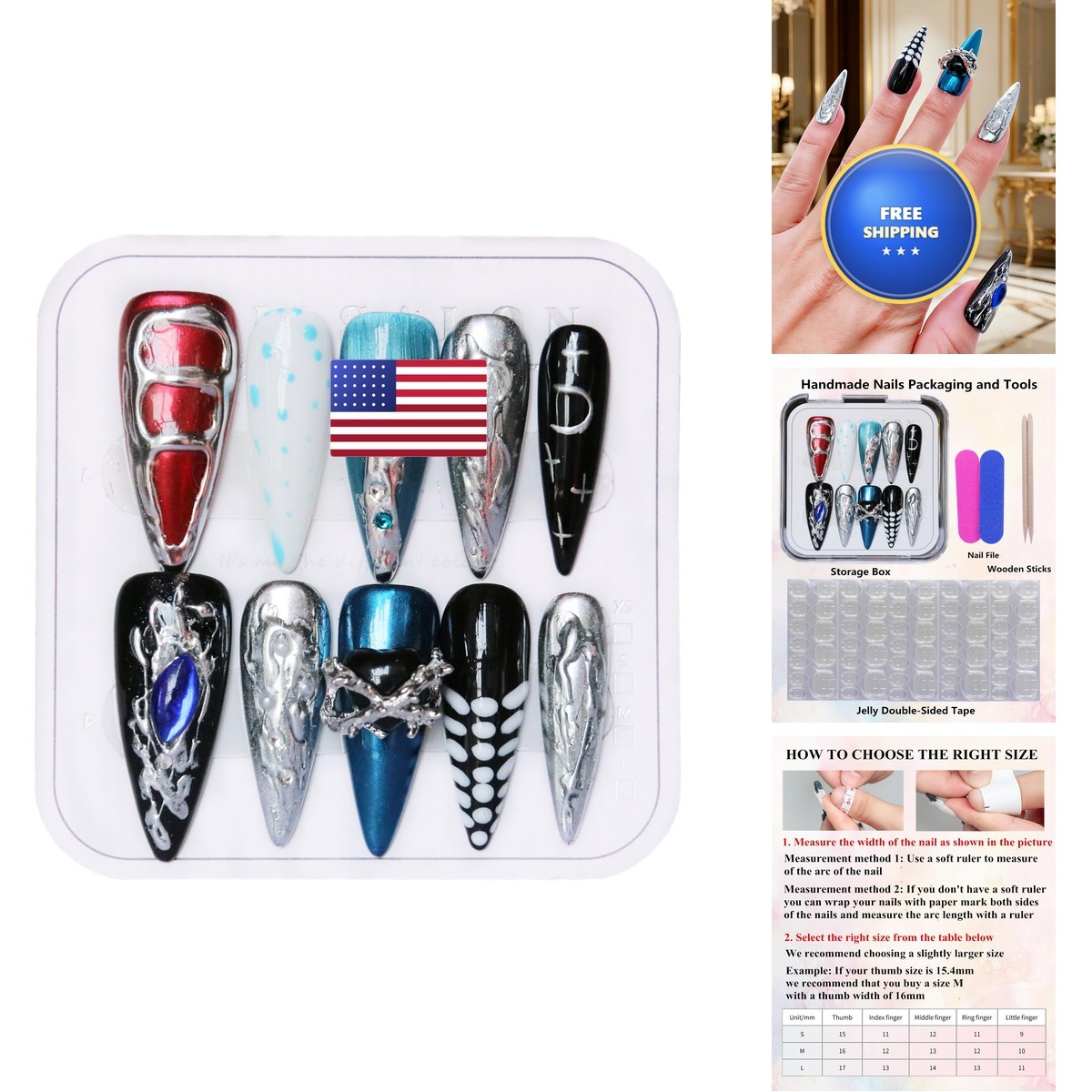 CAMILCY Press on Nails Long Stiletto Blue Black Silver Chrome Gothic Y2K 10pcs