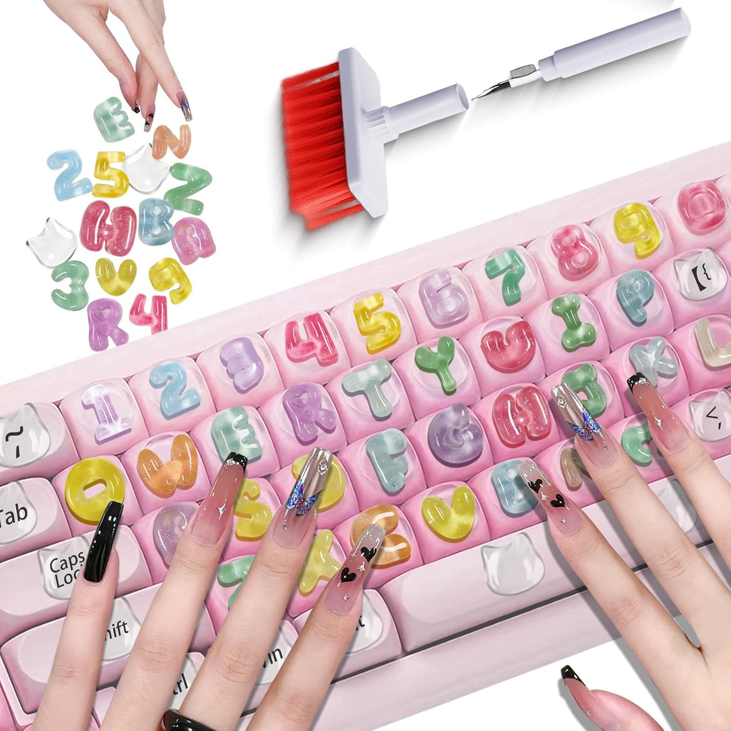 105PCS Keyboard Nail Bubbles – Macaron Ice-Transparent Buttons, Cute Bear Heads,
