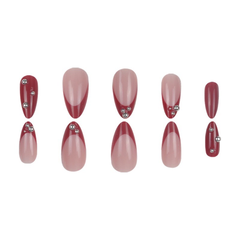 48pcs-Red French Tip Press on Nails, Almond with Silver Stud Accents for Women