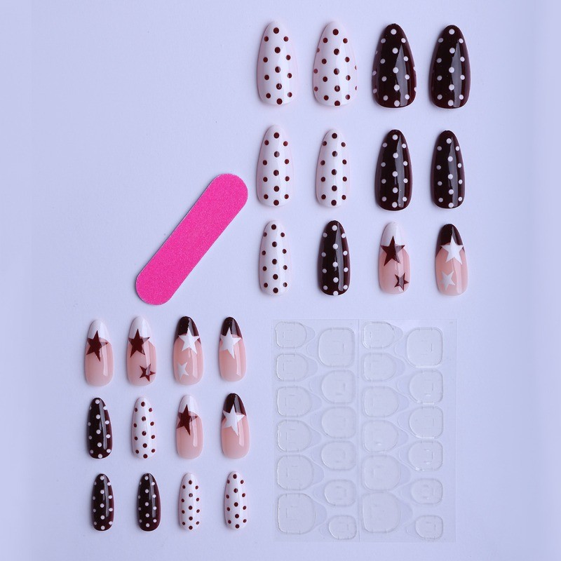 48Pcs Almond Press on Nails, Burgundy Polka Dot Star Sweet Cool Fake Nails