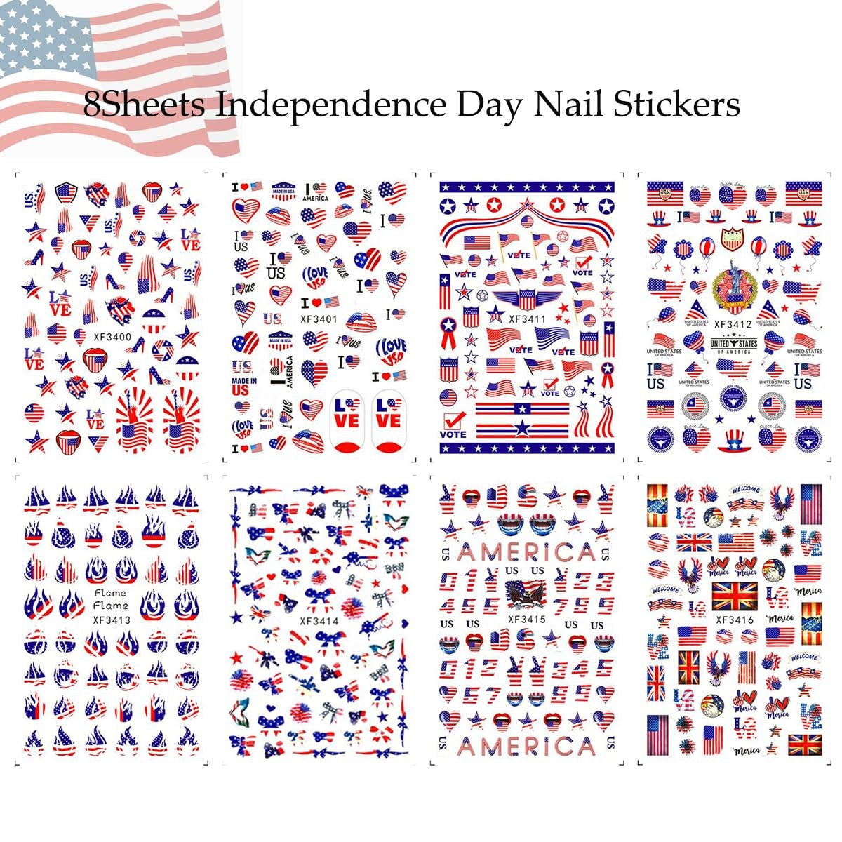 8 Sheets 4th of July Nail Art Stickers White Red Blue 3D Self-Adhesive Nail D…