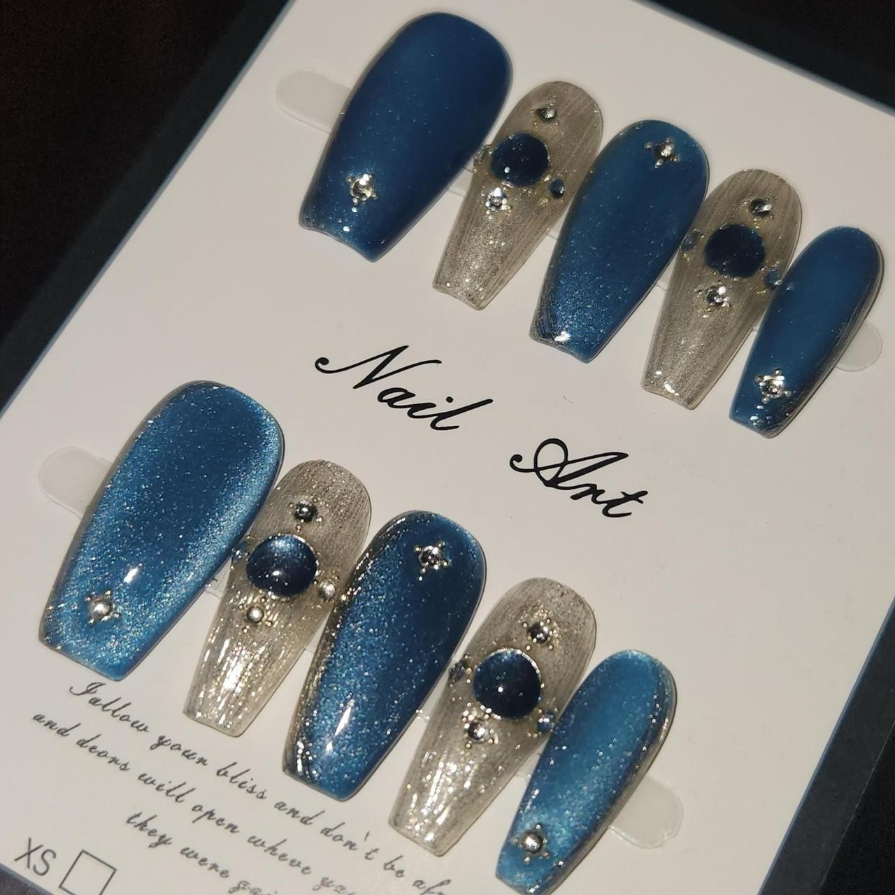 Blue & Silver 2.5 Cateye & glitter Coffin Press-On Nails. Size Small.