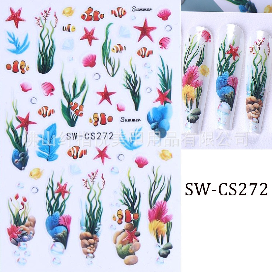2Pcs Set Nail Stickers Clownfish Seaweed Starfish Ocean Peel Off Decor NH30