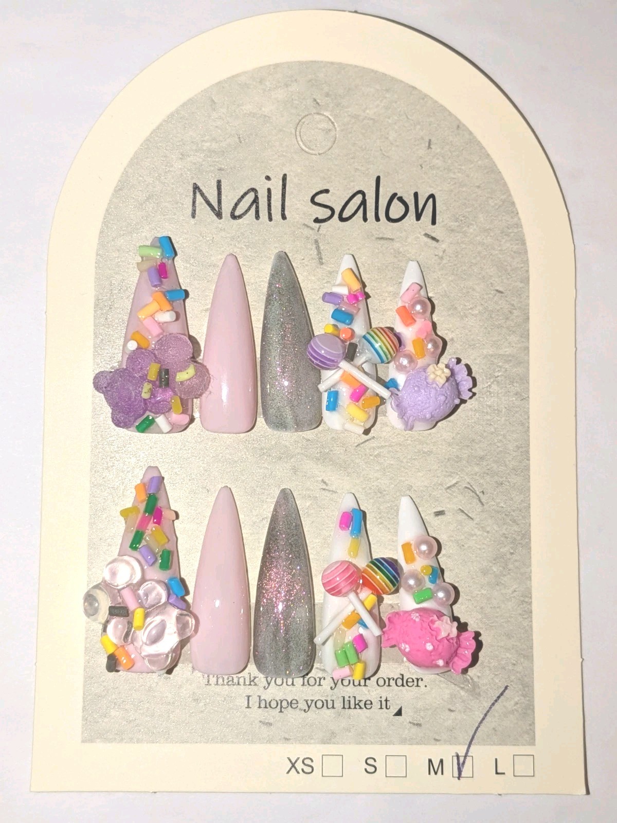 Hand Crafted Pink, White & Purple Stiletto Press-On Nails with Candy 3D Charms