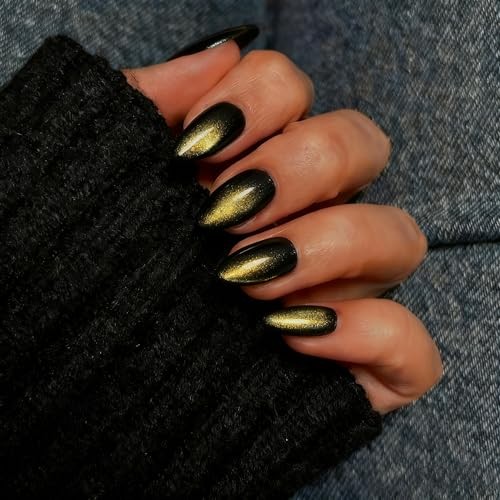 Cat Eye Press On Nails Almond – Gold to Black Press On Nails cateye black gold