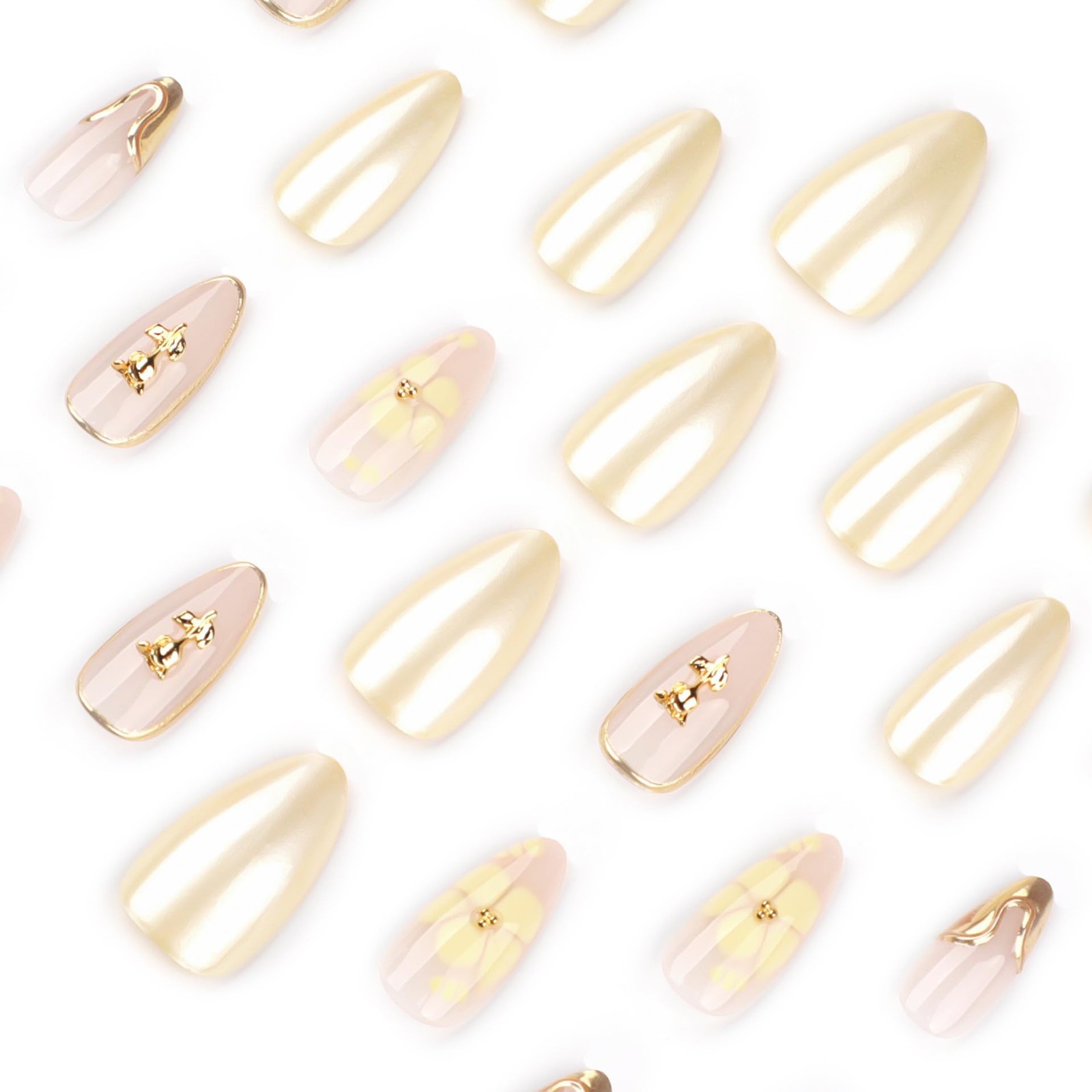 Yellow Chrome Flower Press On Nails Short Almond, Rose Floral Charms and Yell…