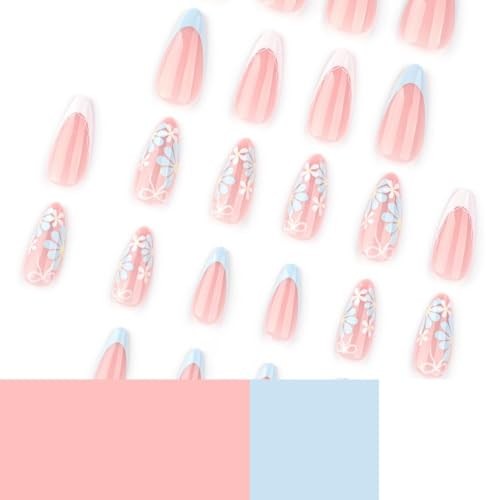 Flower Press on Nails – Medium Almond Fake Nails with French Tips – Short ACE-30