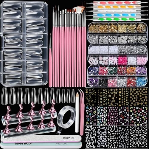 Acrylic Nail Kit for DIY Nail Art – Clear Coffin Tips, Charms, Stickers & Tools