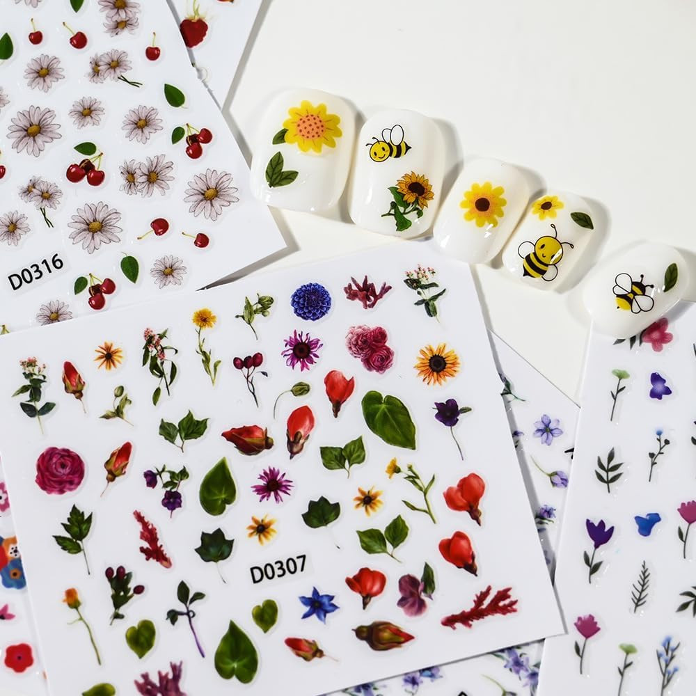 30 Sheets Flower Nail Stickers for Nail Art, 3D Self-Adhesive Wildflower Nail De