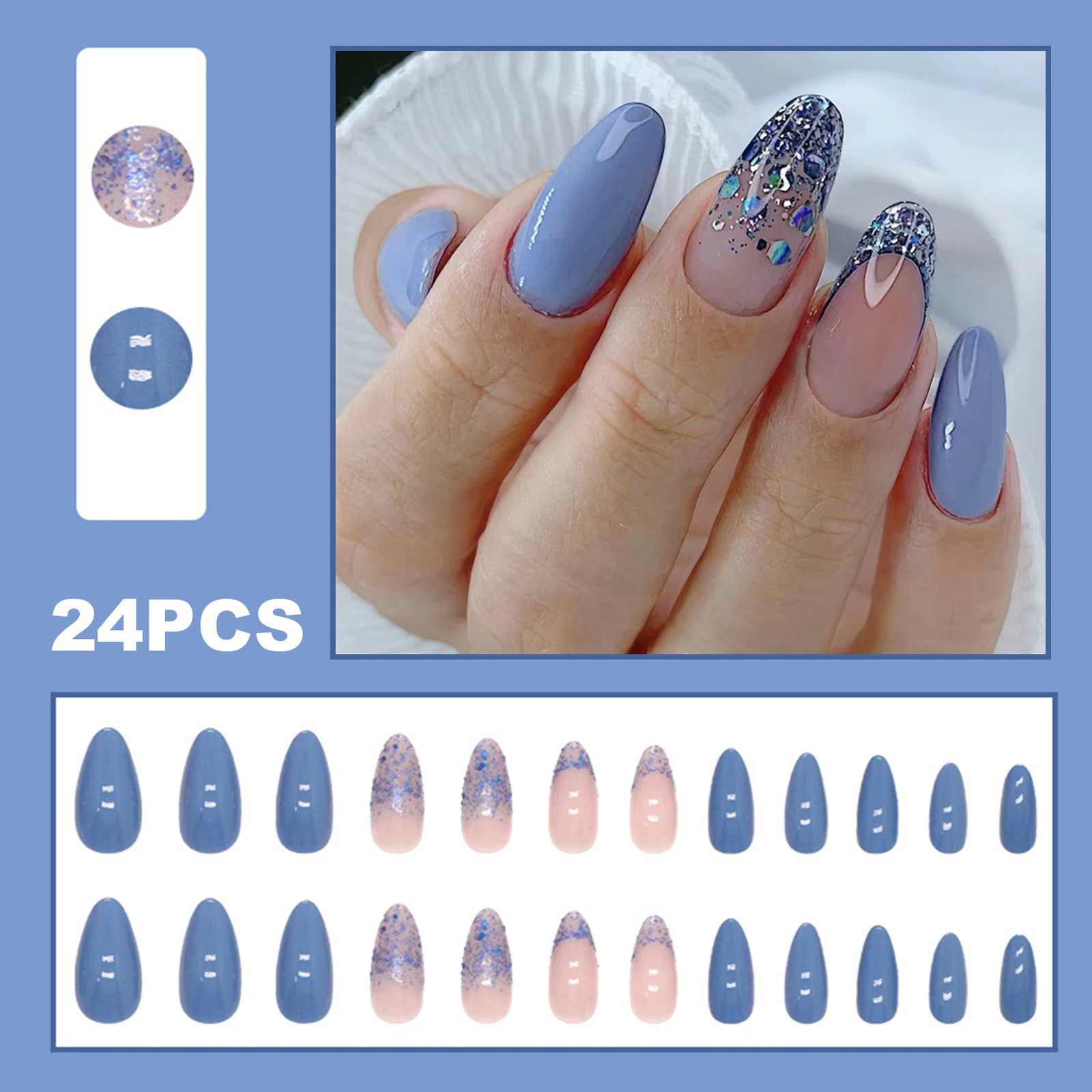 24Pcs Lake Blue Glitter Sequins French Almond Press On Nails