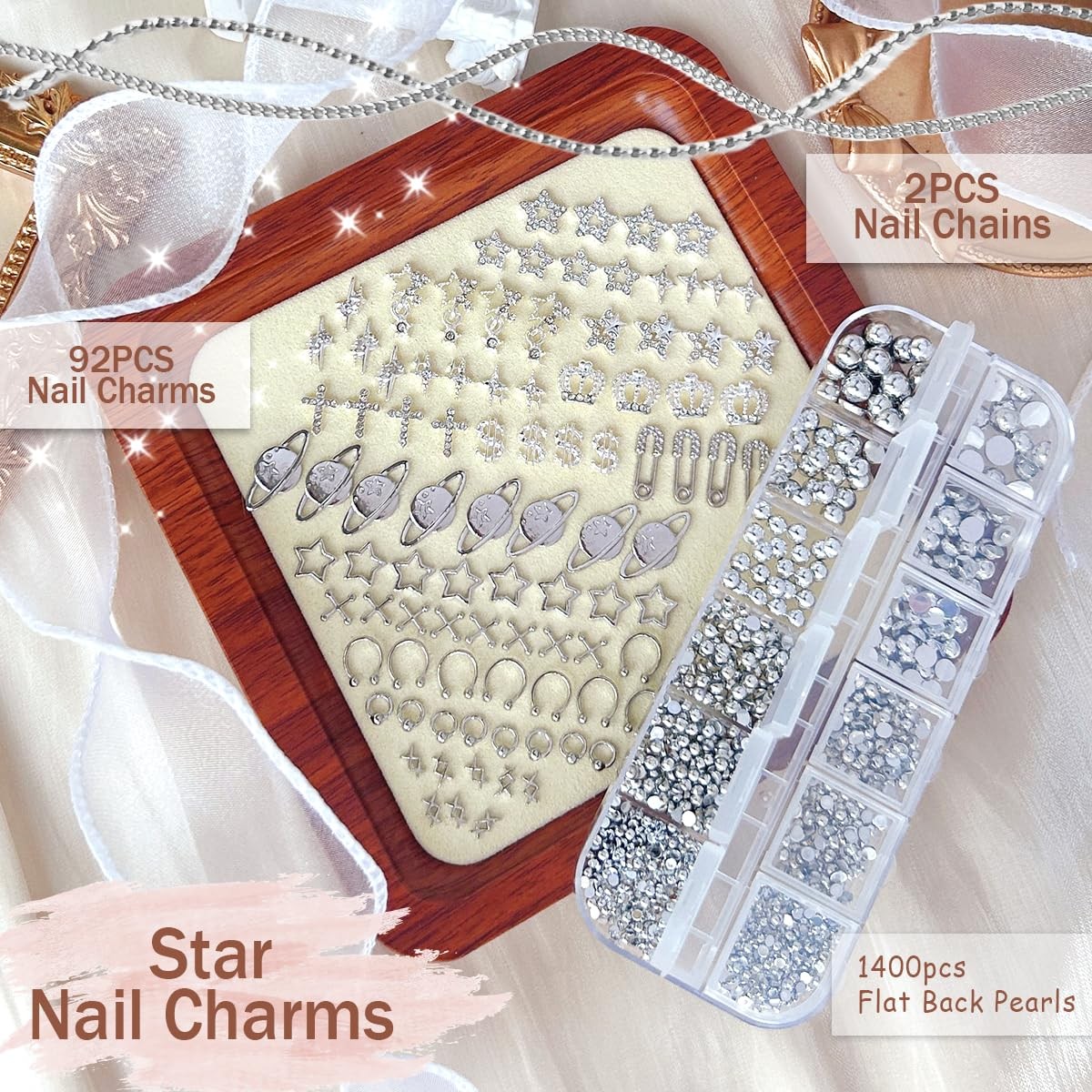 92pcs Star Nail Charms, 1 Box Silver Nail Pearls for Crafting Flat Back, Y2K …