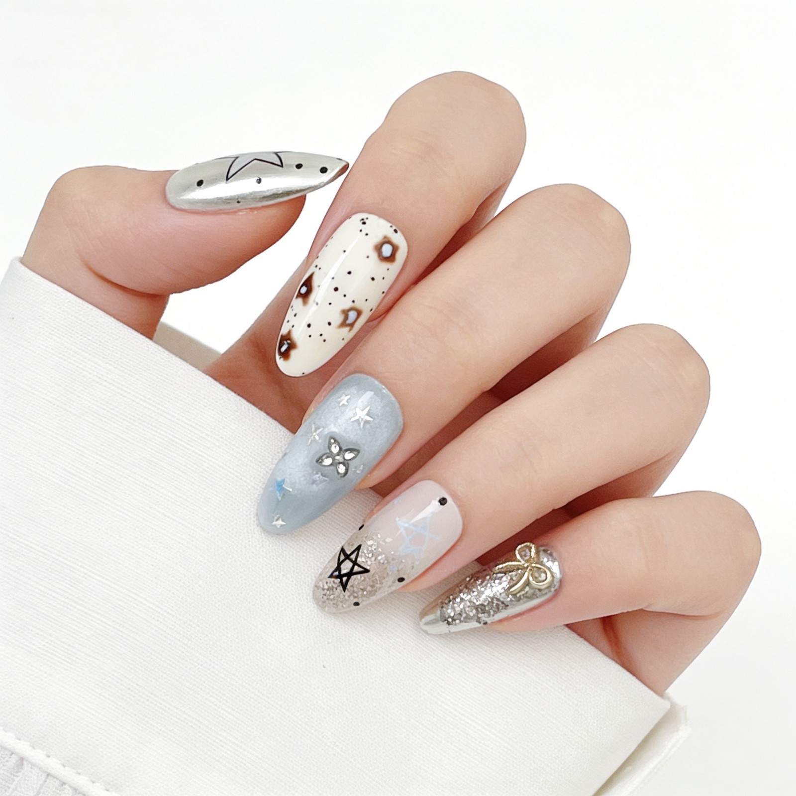 Galaxy Star Glitter Press-On Nails Mismatched Set Handmade Almond Nails Gift