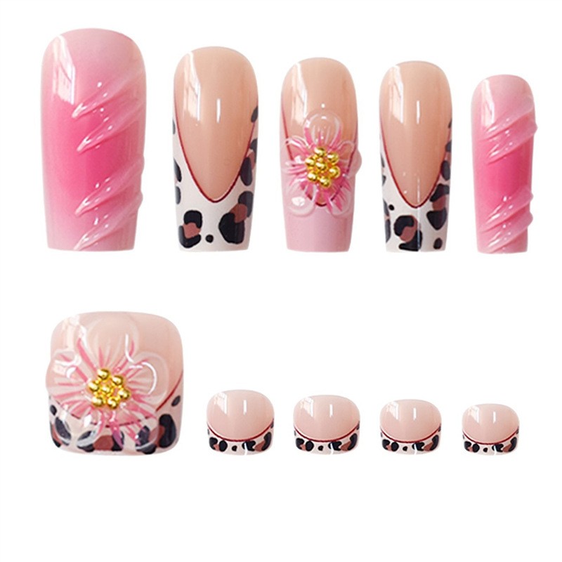 Sweet Leopard Print French 3D Flower Gradient Square Press On Nails 48PCS