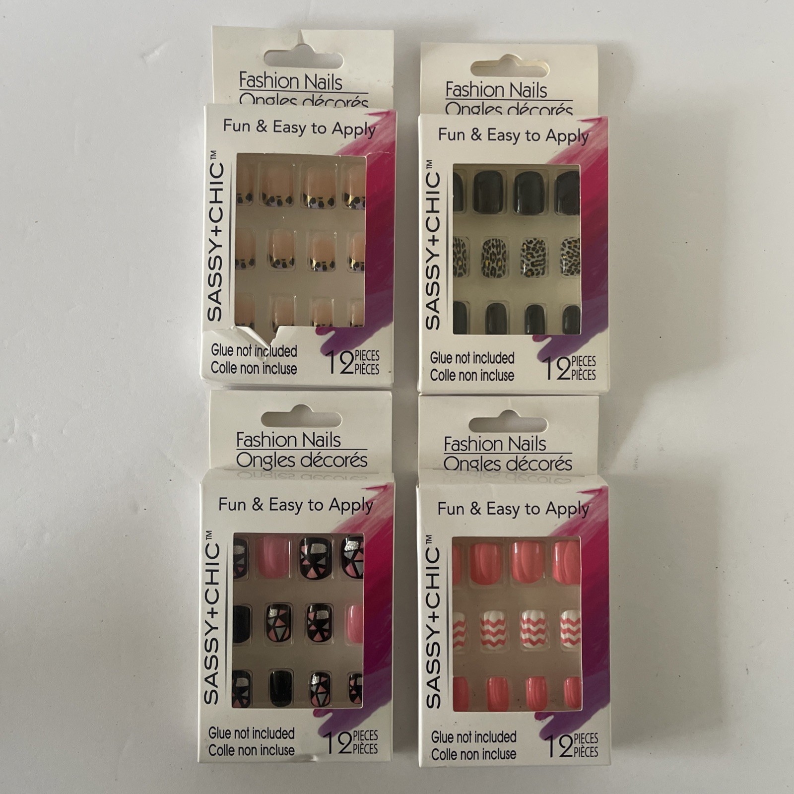 Lot of 4 Sets Fashion Nails Sassy + Chic Artificial Nails With Art Easy Apply