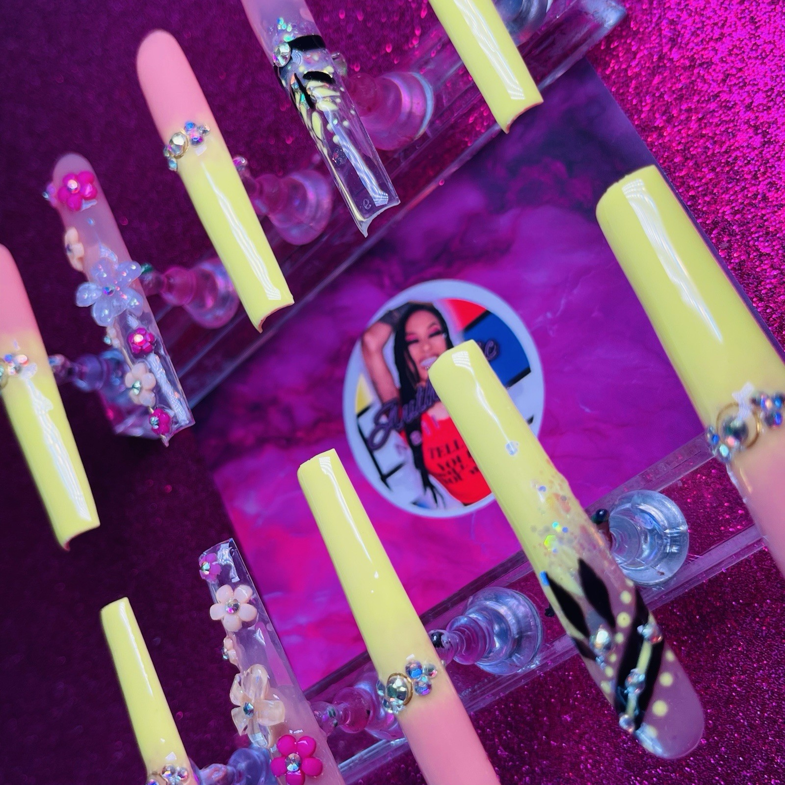 Authentic Nail Arts by Dia Square Press-On Nails Pink Yellow Flowers Shiny Long