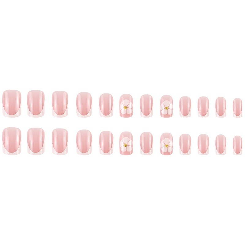 48pcs-Nude Pink French Press on Nails, Medium Square with White Flower Details
