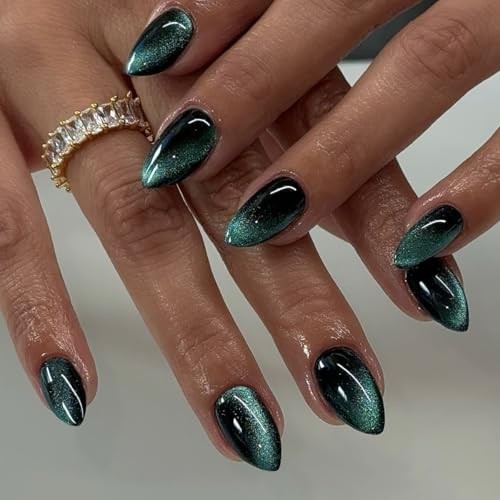 Press On Nails Short – Emerald Green to Black Press On cateye emerald green
