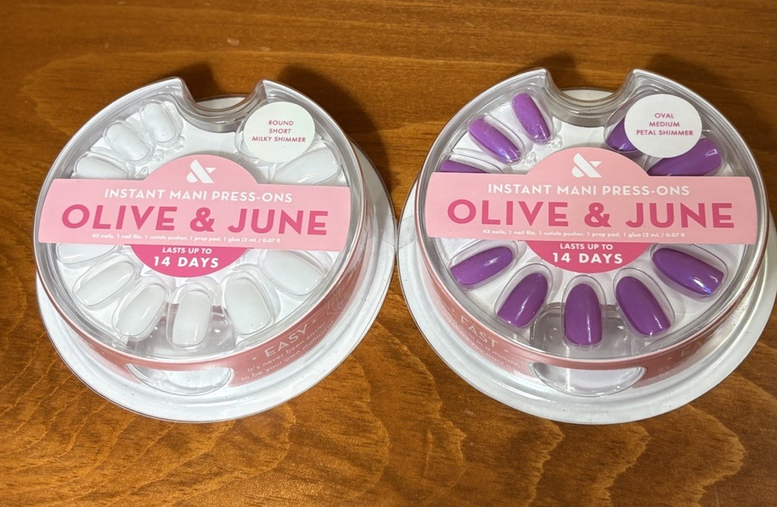 2Pk Olive & June Press-On Nails Oval Round Petal Milky Shimmer Short Medium