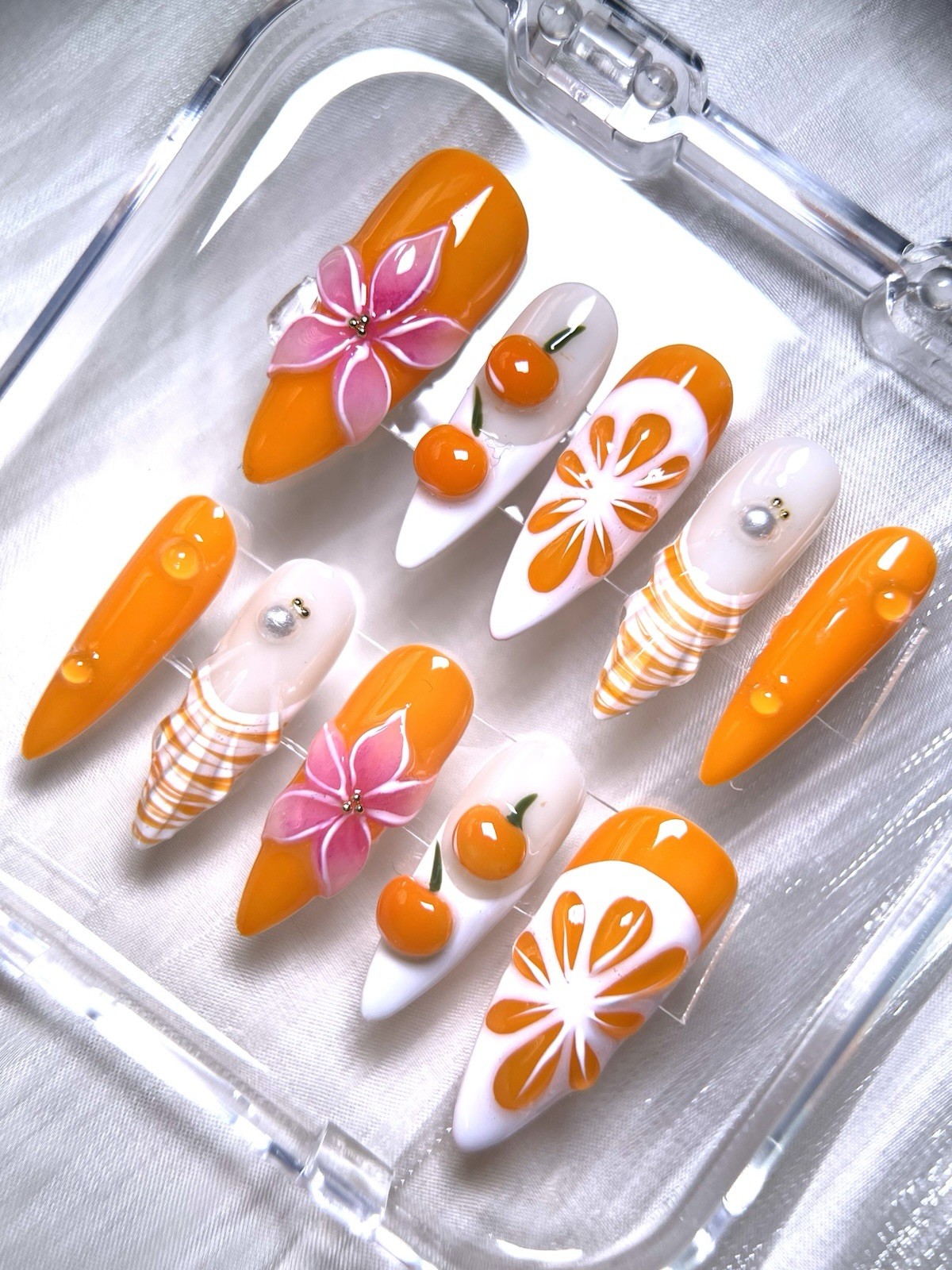 Summer Fruit Press On Nails – 3D Orange, Pink Flower & Daisy Design