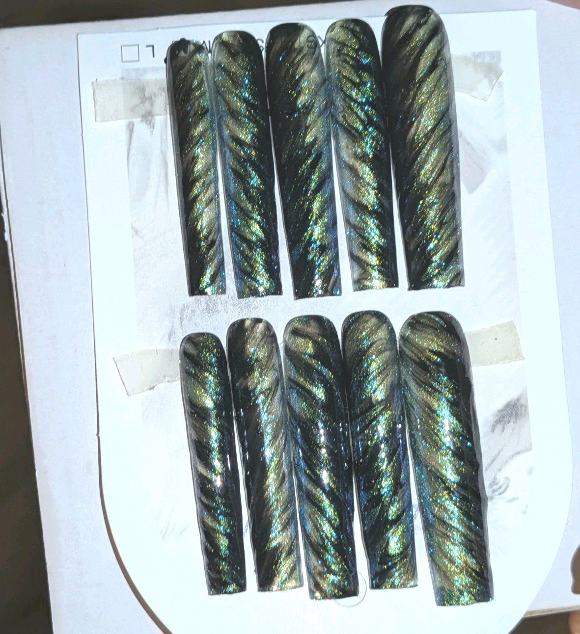 Hand crafted Black/Green custom cateye 10pc 3xl acrylic press on nails sz Medium