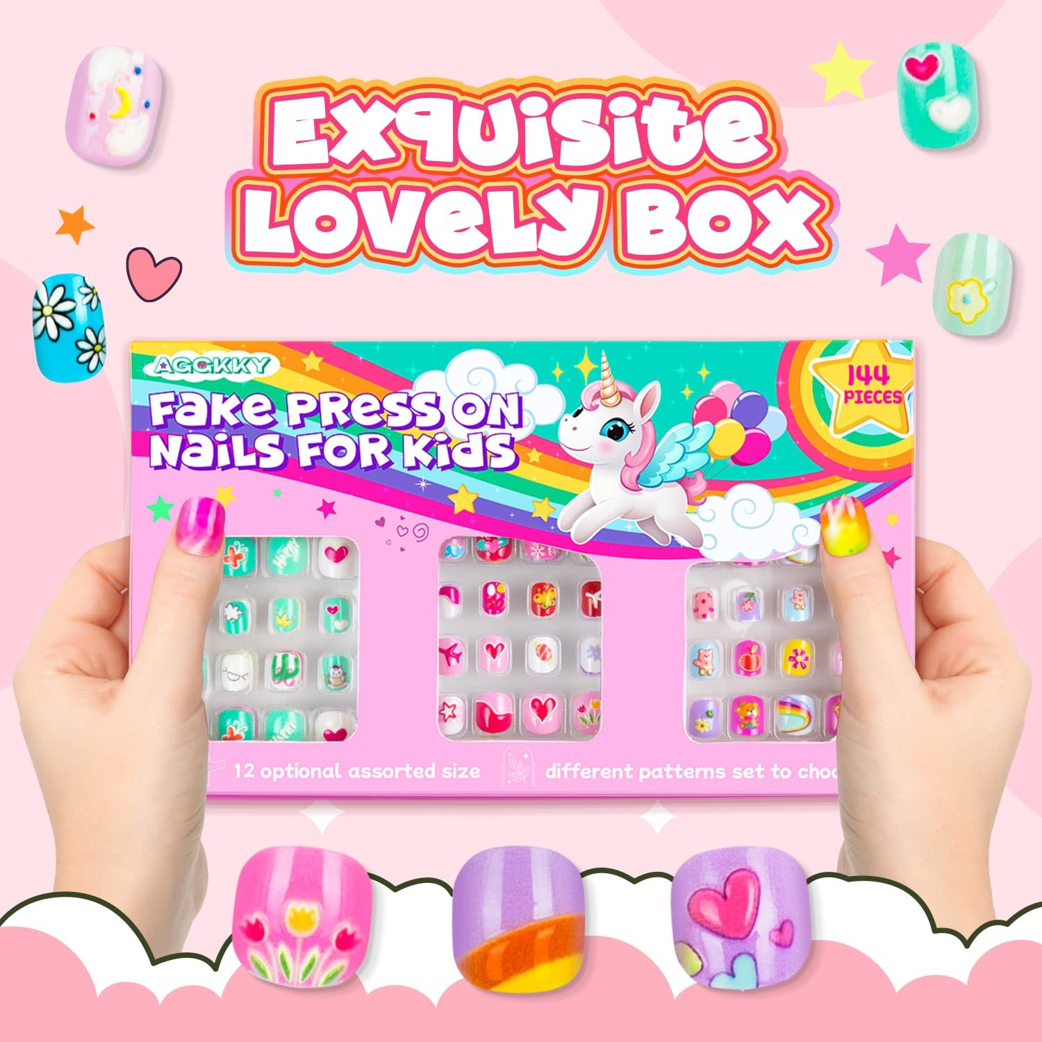 144 Pieces 6 Pack Kids Press on Nails Artificial Fake Nails for Kids Girls Pr…