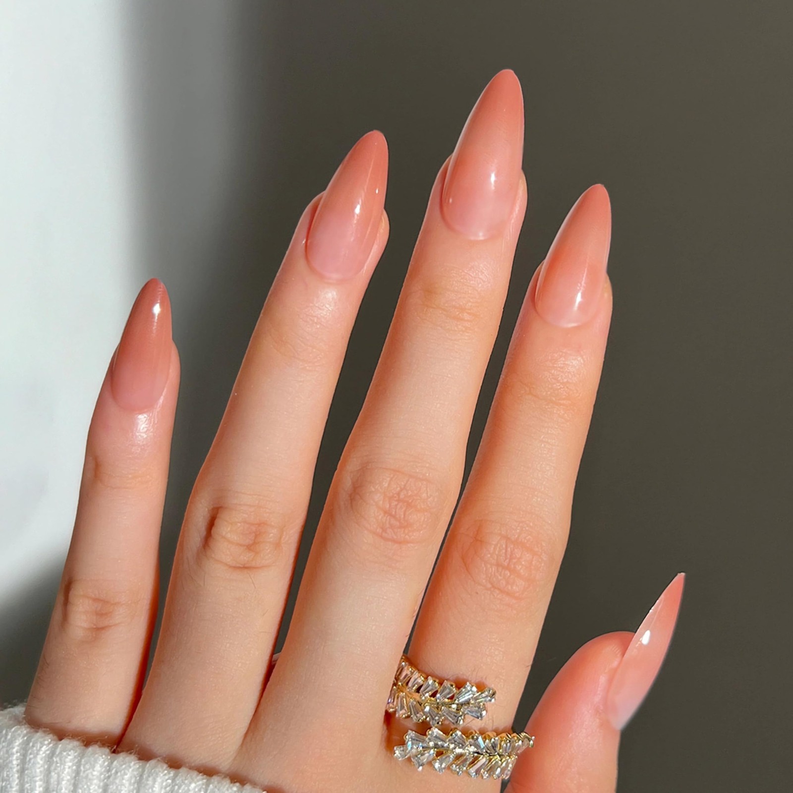Press on Nails Almond, Ombre Nude Coral Pink, Glossy Fake Nails