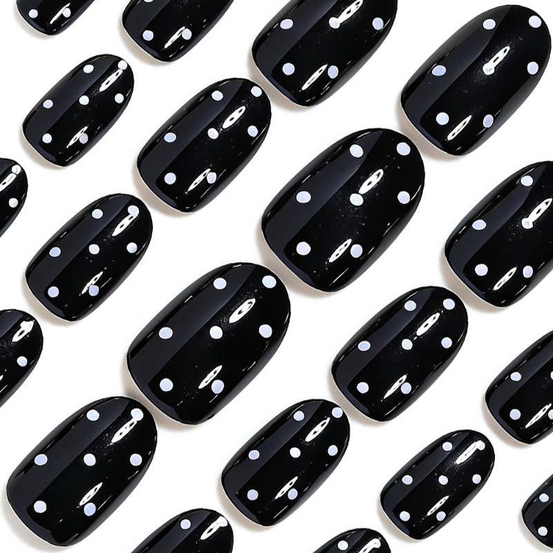 48pcs Oval Press On Nails, Solid Black Base with White Polka Dots, Glossy