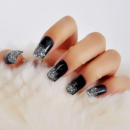 Press on Nails Medium Square Shapes 24Pcs Glossy Full Cover Artificial Black