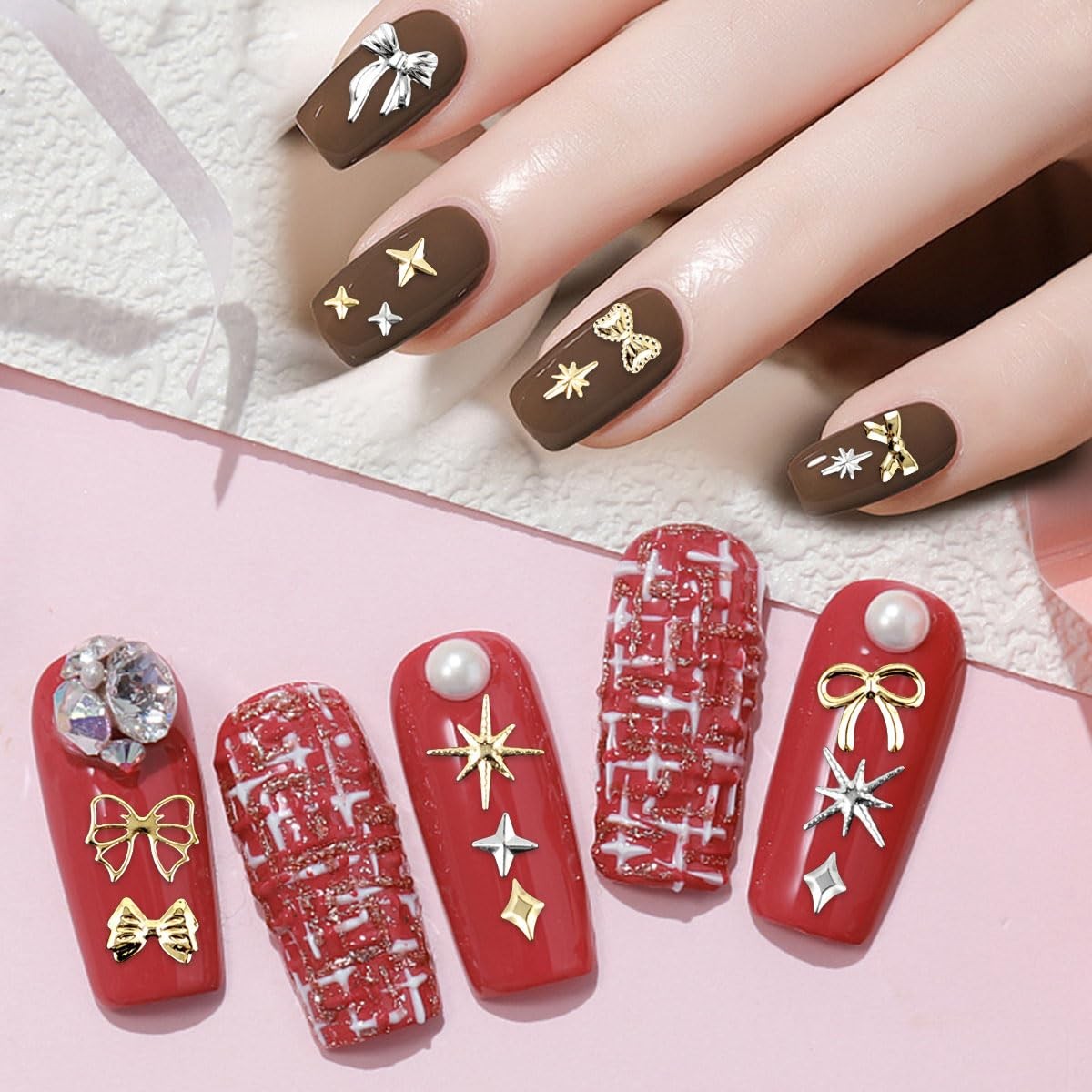 Gold Silver 3D Nail Charms 2Boxes 24Grids Bow Star Nail Gems Nail Studs Punk