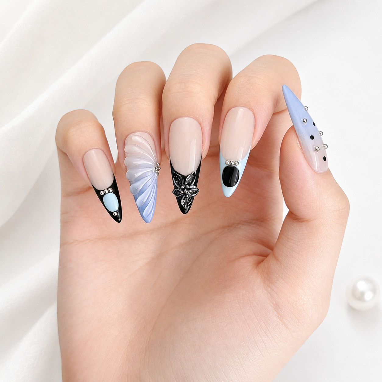 Long Stiletto Press On Nails Blue Black French Tip Butterfly Rhinestone Nail Set