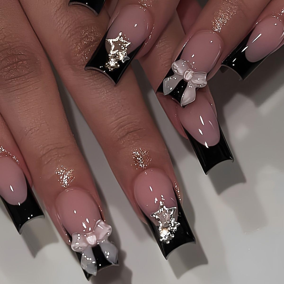 24pcs Long Press on Nails Square French Tip Fake Nails with Bow Charms Design…