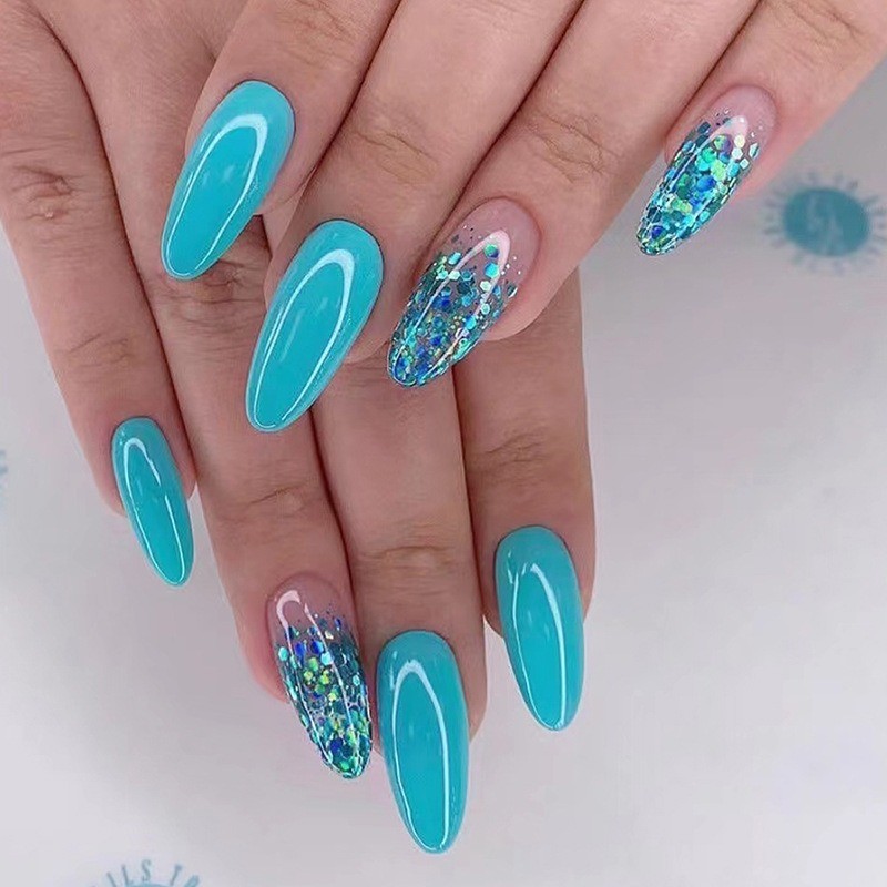 72pcs-Summer Vibe Press on Nails, Almond with Turquoise and Sparkly Glitter