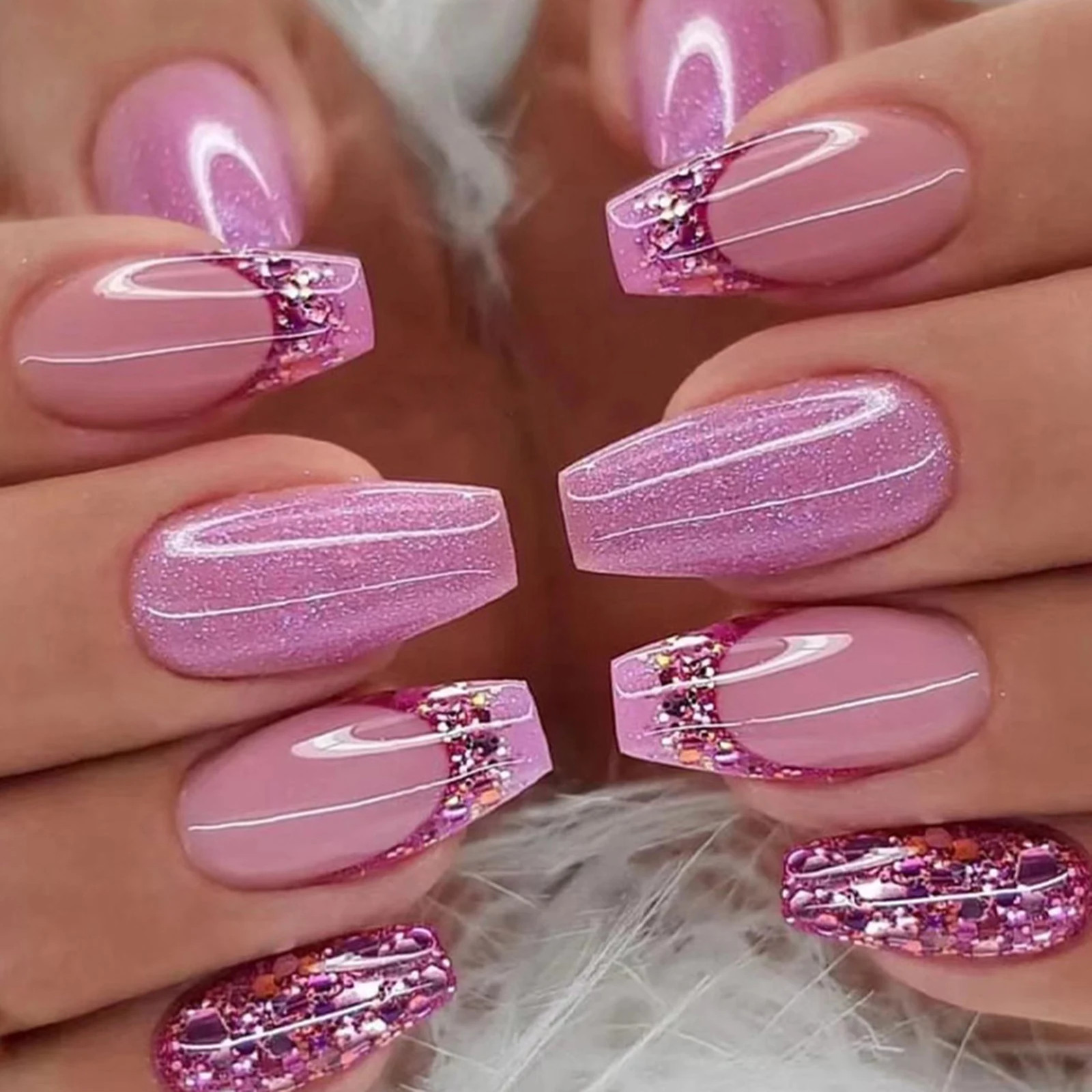 24Pcs Lake Blue Glitter Sequins French Almond Press On Nails