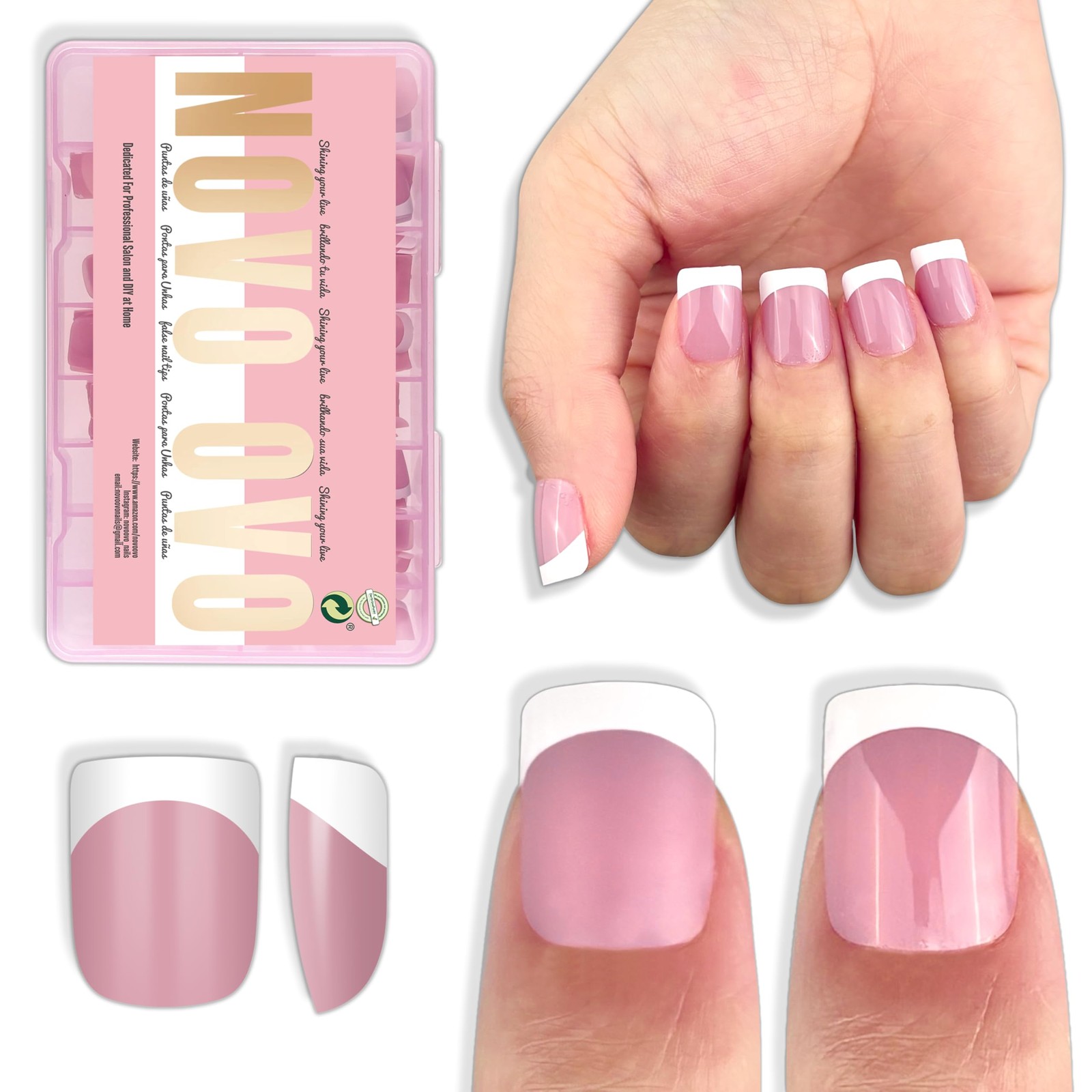 NOVO OVO Extra Short White French Tip Nail Tips, XS XXS Square Round BERRY PI…