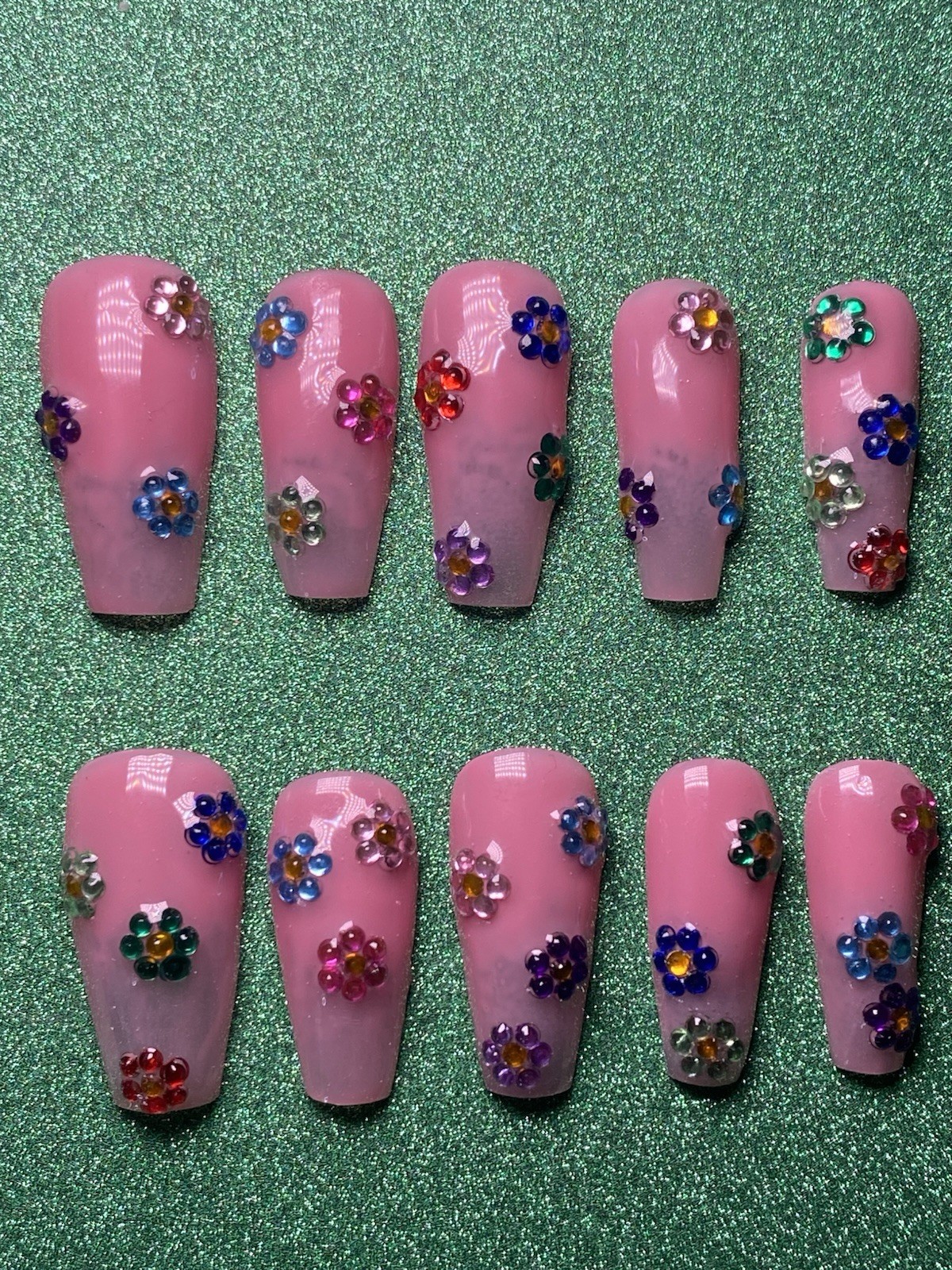 Nail Art by Dia Long Coffin Press-On Nails 3D Glitter Pink Multicolor Flower